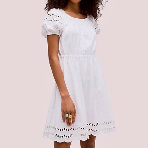 kate spade Dresses & Skirts - Kate Spade Fresh White Scallop Border Knit Dress Puffed Sleeves Size Medium